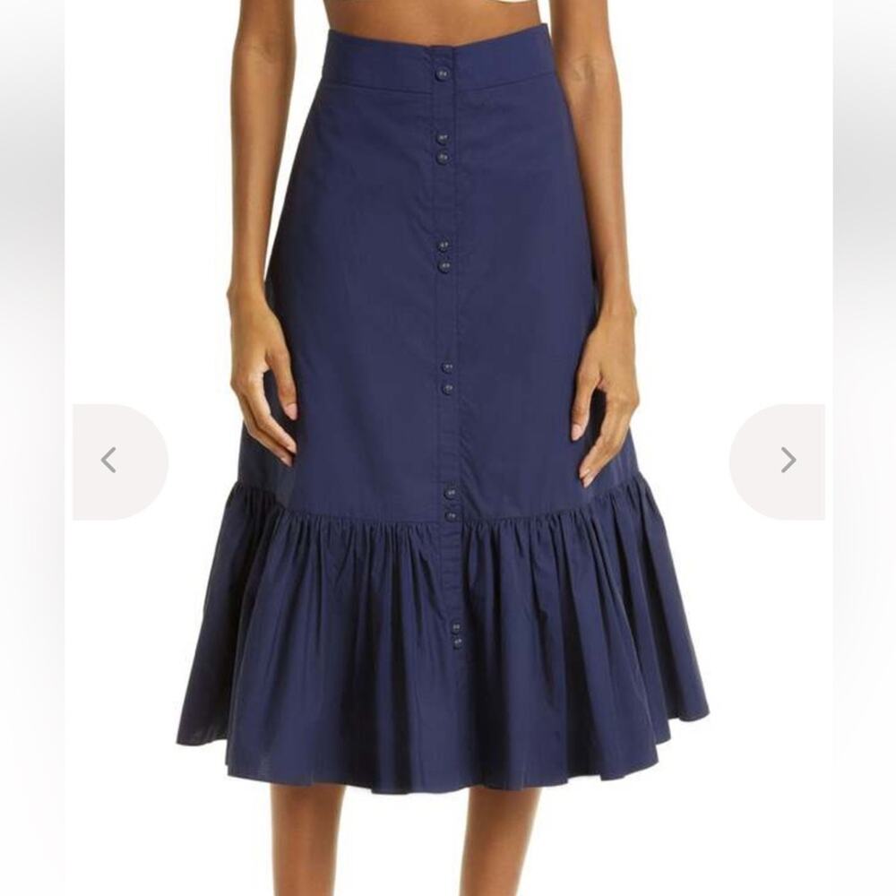 NEW Cara Cara blue Georgica button front cotton poplin midi flounce skirt, 10